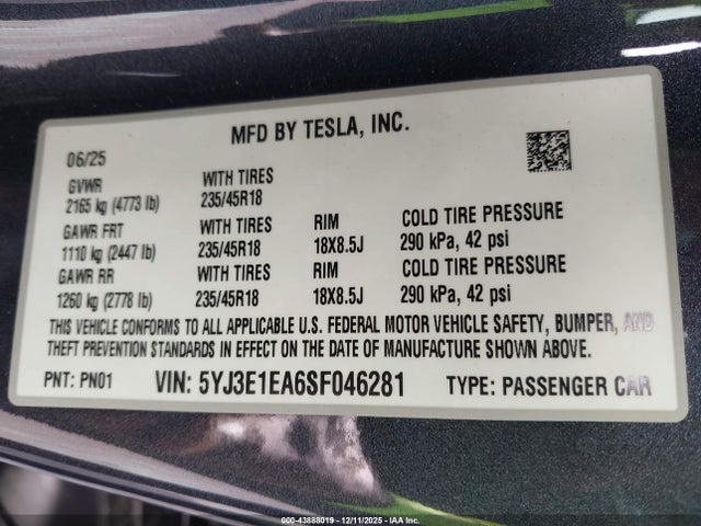 2025 TESLA MODEL 3 5YJ3E1EA6SF046281 Photo 8