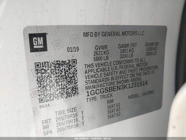 1GCGSBEN3K1231514 Chevrolet Colorado Wt