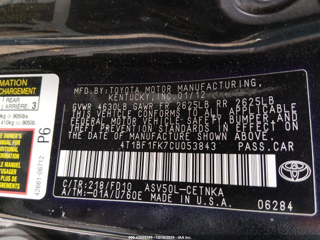 Продаж на аукціоні авто 2012 Toyota Camry Le, vin: 4T1BF1FK7CU053843, номер лоту: 43888265
