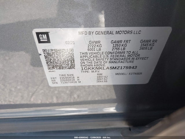 1GKKNKLA5MZ175943 GMC Acadia Fwd Sle