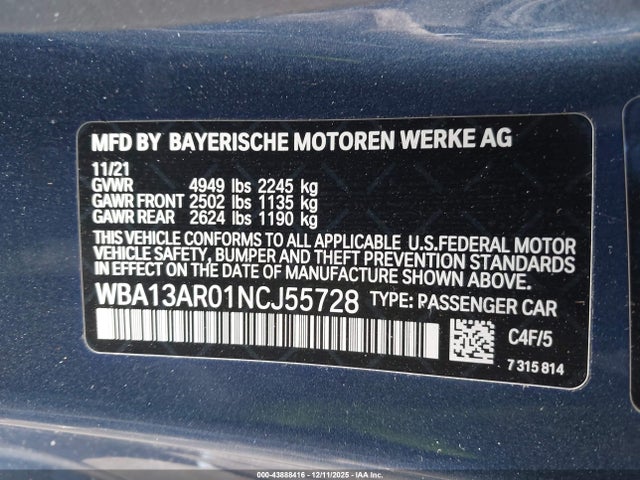 Продаж на аукціоні авто 2022 Bmw M440i Xdrive, vin: WBA13AR01NCJ55728, номер лоту: 43888416