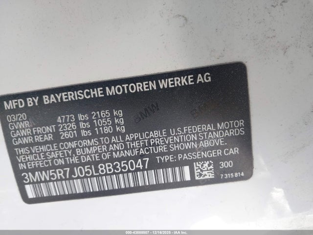 Aukcja sprzedaży 2020 Bmw 330i Xdrive, vin: 3MW5R7J05L8B35047, numer aukcji: 43888507