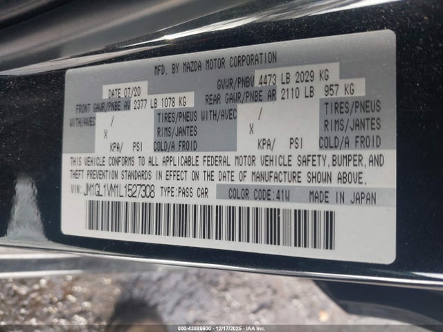 43888600 :رقم المزاد ، JM1GL1VM1L1527308 vin ، 2020 Mazda Mazda6 Touring مزاد بيع
