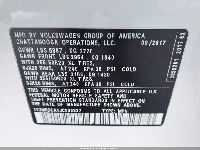 2018 Volkswagen Atlas 3.6l V6 Sel მანქანა იყიდება აუქციონზე, vin: 1V2MR2CA1JC530337, აუქციონის ნომერი: 43888691
