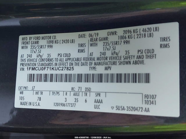 Ford ESCAPE S 2019 1FMCU0F71KUC27825 Image 9