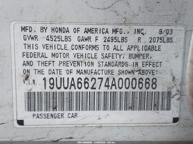 Продажа на аукционе авто 2004 Acura Tl, vin: 19UUA66274A000668, номер лота: 43888955