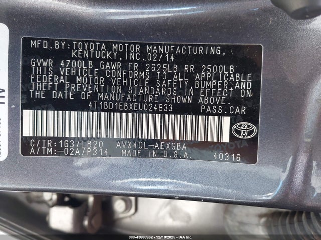 4T1BD1EBXEU024833 Toyota Avalon Hybrid Xle Premium