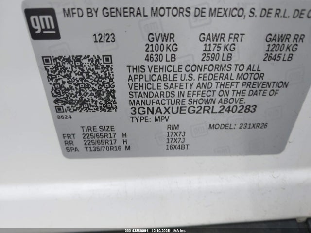 2024 Chevrolet Equinox Awd Lt მანქანა იყიდება აუქციონზე, vin: 3GNAXUEG2RL240283, აუქციონის ნომერი: 43889091