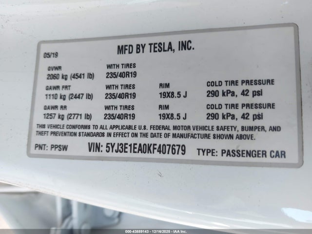 2019 TESLA MODEL 3 5YJ3E1EA0KF407679 Photo 8