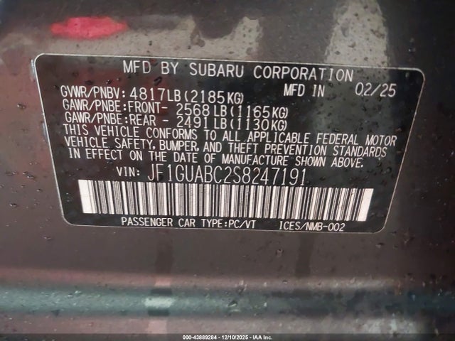 Aukcja sprzedaży 2025 Subaru Impreza Base 5-door, vin: JF1GUABC2S8247191, numer aukcji: 43889284