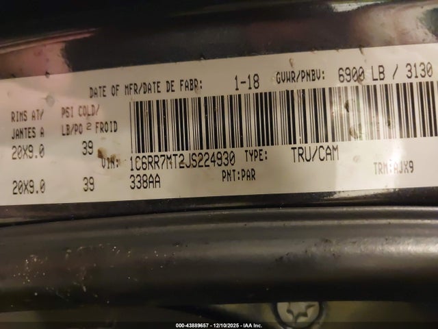 2018 Ram 1500 Sport მანქანა იყიდება აუქციონზე, vin: 1C6RR7MT2JS224930, აუქციონის ნომერი: 43889657