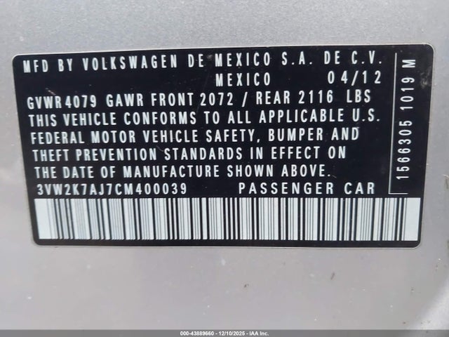 Aukcja sprzedaży 2012 Volkswagen Jetta 2.0l S, vin: 3VW2K7AJ7CM400039, numer aukcji: 43889660