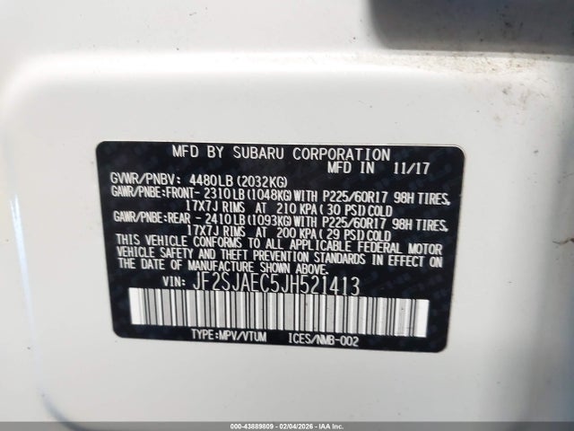 Aukcja sprzedaży 2018 Subaru Forester 2.5i Premium, vin: JF2SJAEC5JH521413, numer aukcji: 43889809