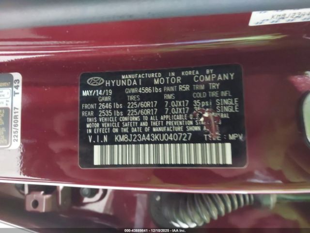 2019 HYUNDAI TUCSON KM8J23A43KU040727 Photo 8