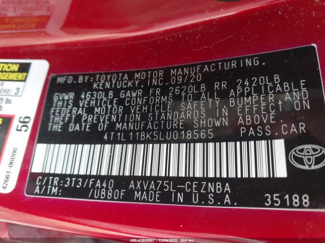 2020 TOYOTA CAMRY 4T1L11BK5LU018565 Photo 8