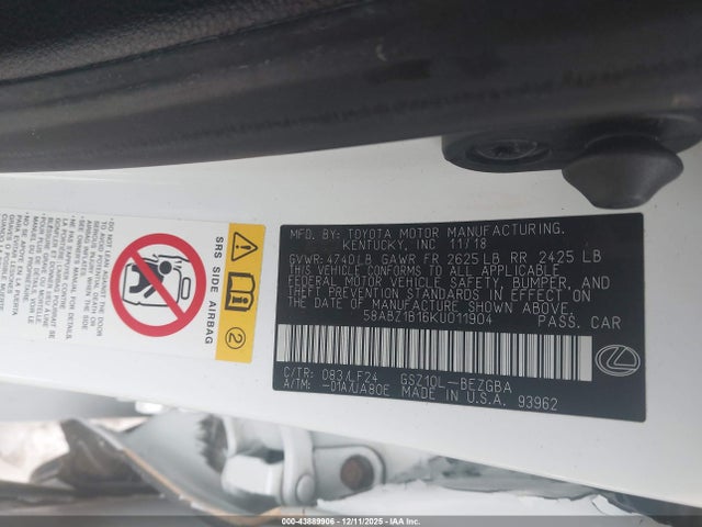 2019 Lexus Es 350 F Sport მანქანა იყიდება აუქციონზე, vin: 58ABZ1B16KU011904, აუქციონის ნომერი: 43889906
