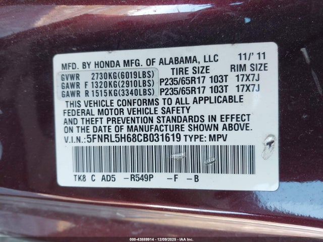 Продаж на аукціоні авто 2012 Honda Odyssey Ex-l, vin: 5FNRL5H68CB031619, номер лоту: 43889914