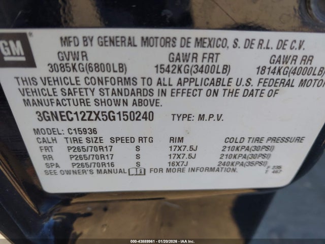 2005 Chevrolet Avalanche 1500 Z66 მანქანა იყიდება აუქციონზე, vin: 3GNEC12ZX5G150240, აუქციონის ნომერი: 43889961