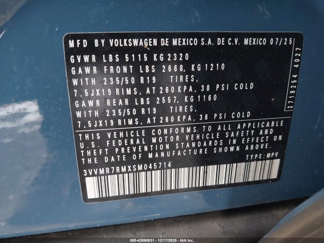 43890031 :رقم المزاد ، 3VVMR7RMXSM045714 vin ، 2025 Volkswagen Tiguan 2.0t Se مزاد بيع