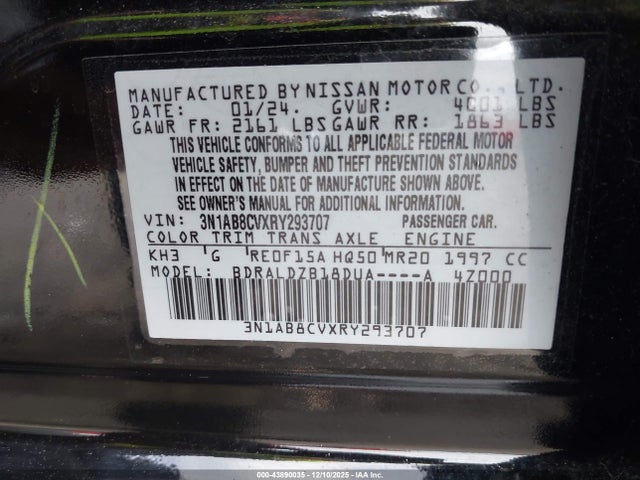 2024 Nissan Sentra Sv Xtronic Cvt მანქანა იყიდება აუქციონზე, vin: 3N1AB8CVXRY293707, აუქციონის ნომერი: 43890035