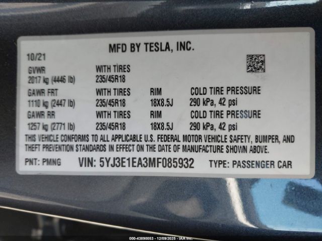 2021 TESLA MODEL 3 5YJ3E1EA3MF085932 Photo 8
