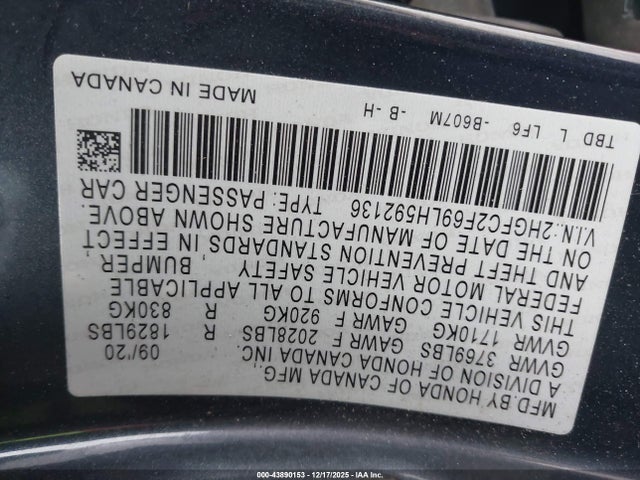 Honda Civic Lx 2020 2HGFC2F69LH592136 Image 9