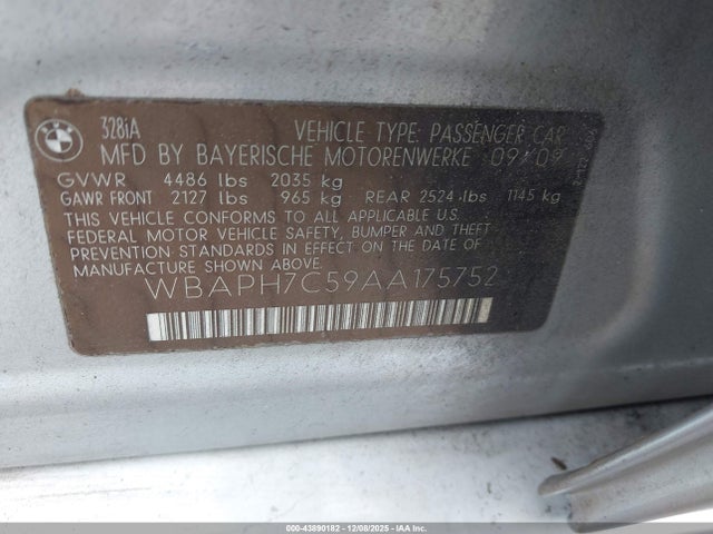 Aukcja sprzedaży 2010 Bmw 328i, vin: WBAPH7C59AA175752, numer aukcji: 43890182