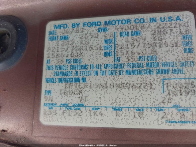 43890310 :رقم المزاد ، 1FTCF15N1HNB06221 vin ، 1987 Ford F150 مزاد بيع