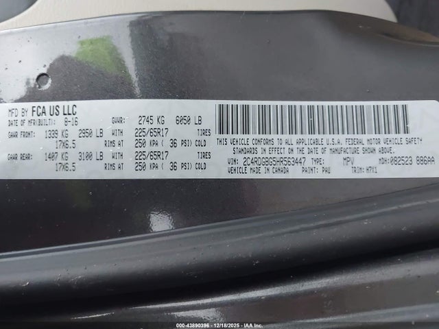 Auction sale of the 2017 Dodge Grand Caravan Se, vin: 2C4RDGBG5HR563447, lot number: 43890396