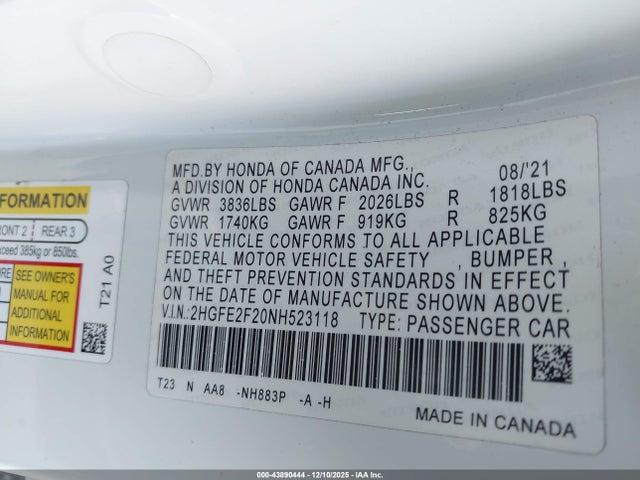 2HGFE2F20NH523118 Honda Civic Lx