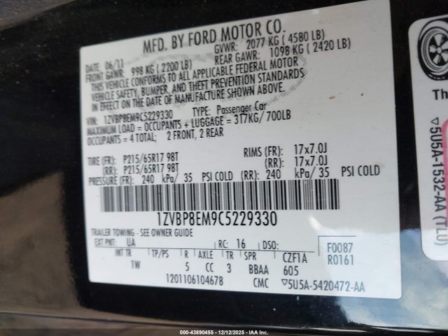 Auction sale of the 2012 Ford Mustang V6, vin: 1ZVBP8EM9C5229330, lot number: 43890455