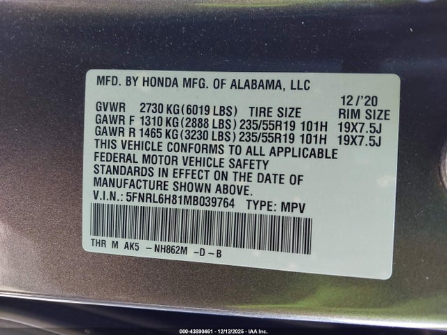 2021 HONDA ODYSSEY 5FNRL6H81MB039764 Photo 8