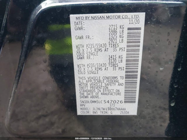 43890504 :رقم المزاد ، 5N1DL0MM5LC547026 vin ، 2020 Infiniti Qx60 Signature Edition Awd مزاد بيع
