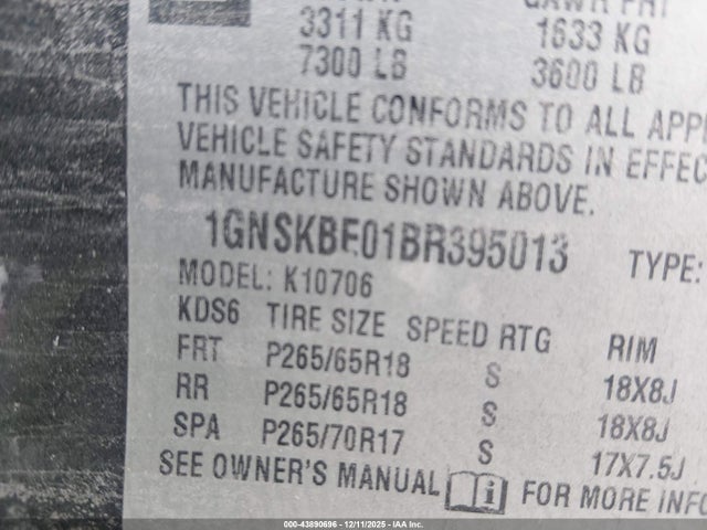 43890696 :رقم المزاد ، 1GNSKBE01BR395013 vin ، 2011 Chevrolet Tahoe Lt مزاد بيع
