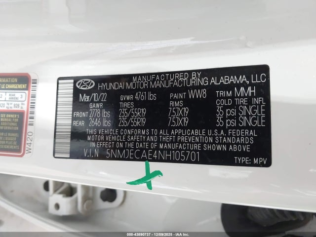 5NMJECAE4NH105701 Hyundai Tucson Limited