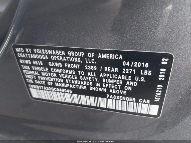 Продаж на аукціоні авто 2016 Volkswagen Passat 1.8t Se, vin: 1VWBT7A32GC049045, номер лоту: 43890788
