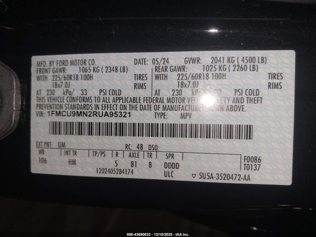 Продаж на аукціоні авто 2024 Ford Escape St-line, vin: 1FMCU9MN2RUA95321, номер лоту: 43890832