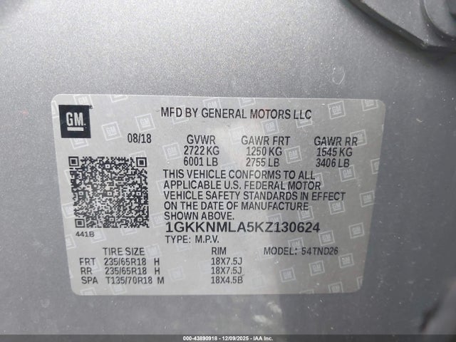 Aukcja sprzedaży 2019 Gmc Acadia Slt-1, vin: 1GKKNMLA5KZ130624, numer aukcji: 43890918