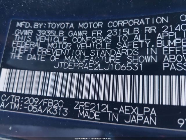 2020 TOYOTA COROLLA JTDEPRAE2LJ106531 Photo 8