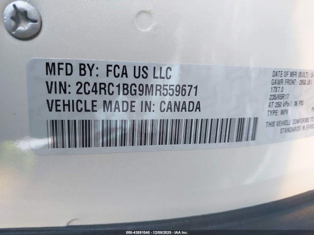 43891040 :رقم المزاد ، 2C4RC1BG9MR559671 vin ، 2021 Chrysler Pacifica Touring L مزاد بيع