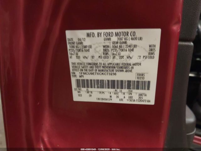 2012 FORD ESCAPE 1FMCU9E7XCKC73236 Photo 8