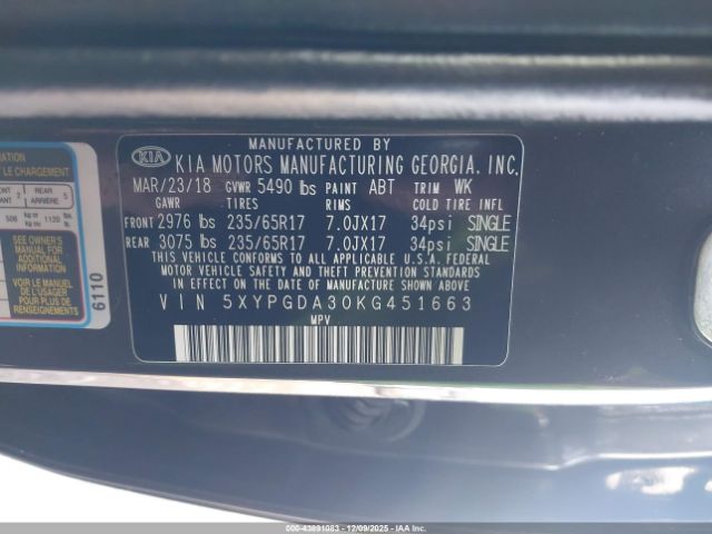 2019 KIA SORENTO 5XYPGDA30KG451663 Photo 8