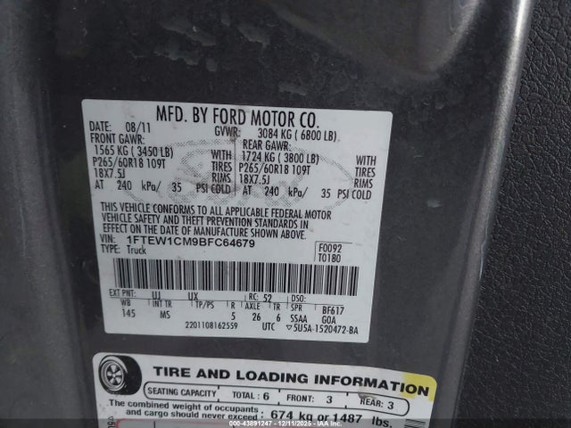 43891247 :رقم المزاد ، 1FTEW1CM9BFC64679 vin ، 2011 Ford F-150 Xlt مزاد بيع
