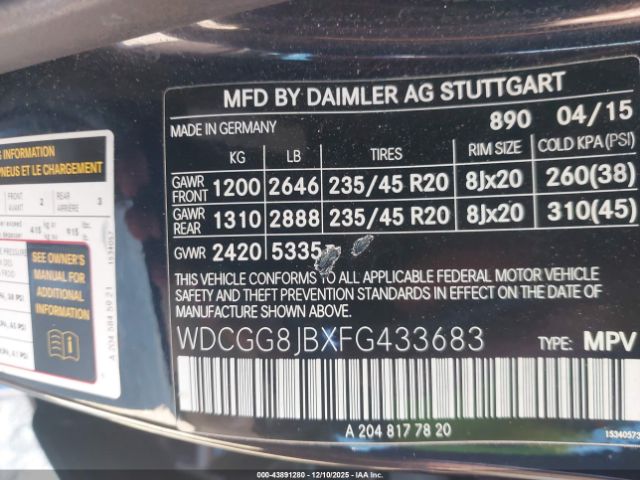 2015 MERCEDES-BENZ GLK 350 WDCGG8JBXFG433683 Photo 8