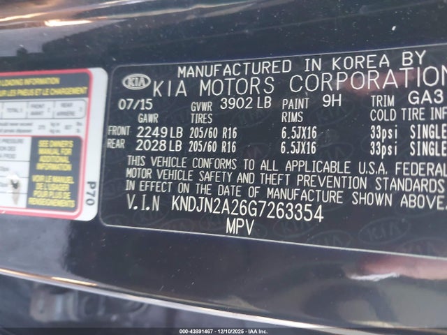 Aukcja sprzedaży 2016 Kia Soul, vin: KNDJN2A26G7263354, numer aukcji: 43891467