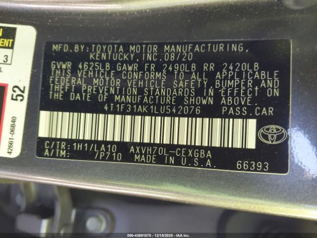 2020 TOYOTA CAMRY 4T1F31AK1LU542076 Photo 8