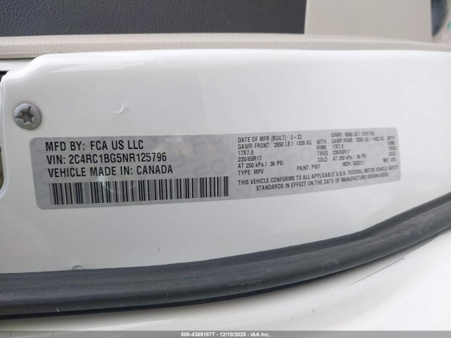 Продаж на аукціоні авто 2022 Chrysler Pacifica Touring L, vin: 2C4RC1BG5NR125796, номер лоту: 43891877