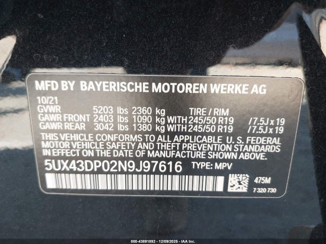 5UX43DP02N9J97616 BMW X3 Sdrive30i