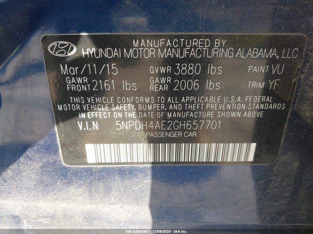 Aukcja sprzedaży 2016 Hyundai Elantra Se, vin: 5NPDH4AE2GH657701, numer aukcji: 43891907