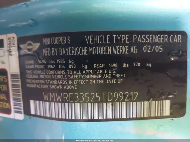 2005 MINI COOPER S WMWRE33525TD99212 Photo 8